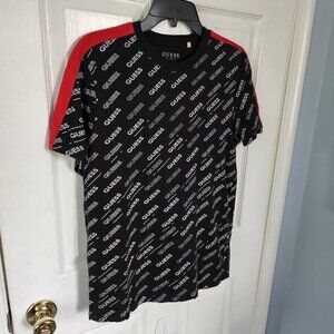 Guess Black Logo Tee w/ Red Shoulder Stripe Men’s Size M Cotton